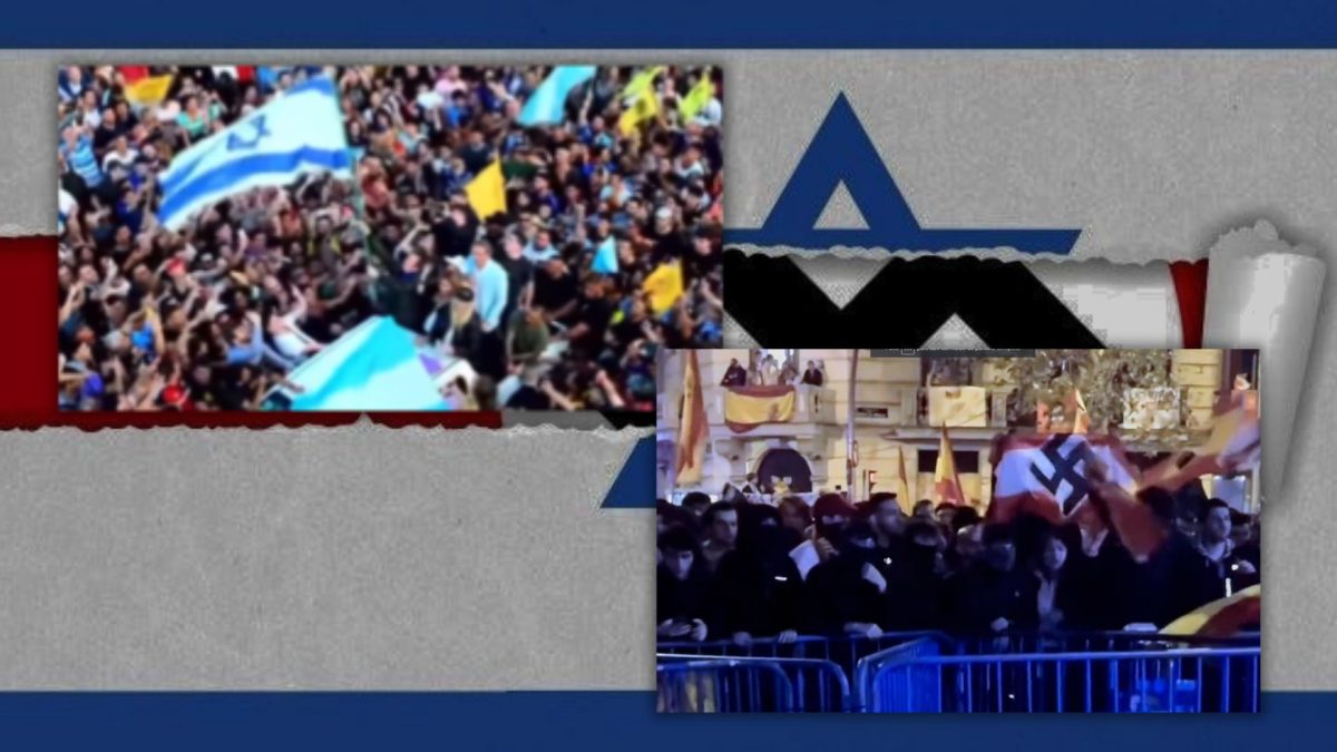 No podía saberse: bandera nazi el Ferraz, bandera israelí en la mano de Milei