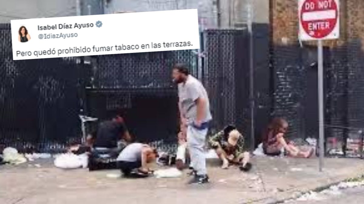 La última de Ayuso: comparte en redes imágenes de la crisis del fentanilo en EE.UU. para criticar la prohibición de fumar en terrazas en España